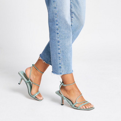 Green Square Toe Midi Heel Sandals