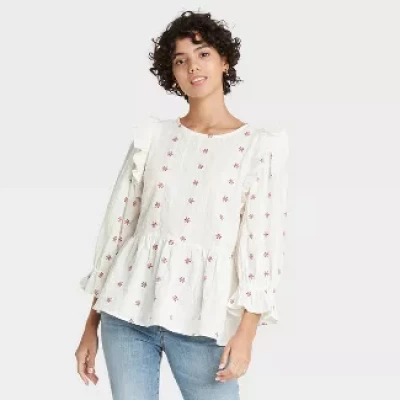 Women&#39;s Floral Print Puff 3/4 Sleeve Embroidered Ruffle Top - Universal Thread&#8482; Cream