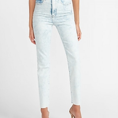 Super High Waisted Acid Wash Raw Hem Slim Ankle Jeans