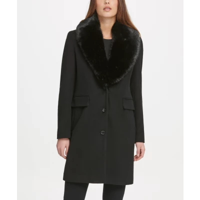 DKNY Womens Overcoats BLK:BLACK - Black Furry-Trim Shawl-Collar Wool Blend Coat - Women & Petite