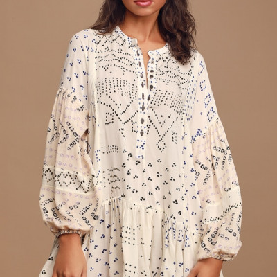 Shibori Ivory Print Long Sleeve Button-Up Tunic | Lulus