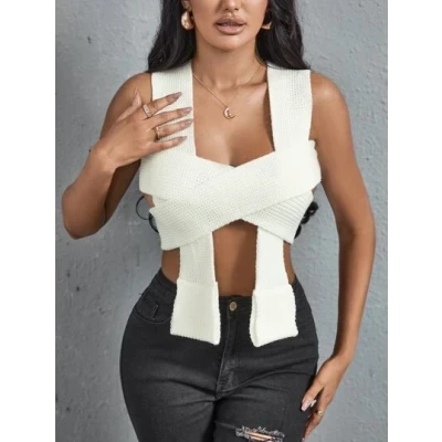 SHEIN SXY Criss Cross Tie Back Knot Detail Asymmetrical Hem Crop Knit Top