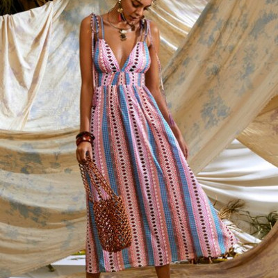 Tribal Print Shirred Waist Backless Cami Dress