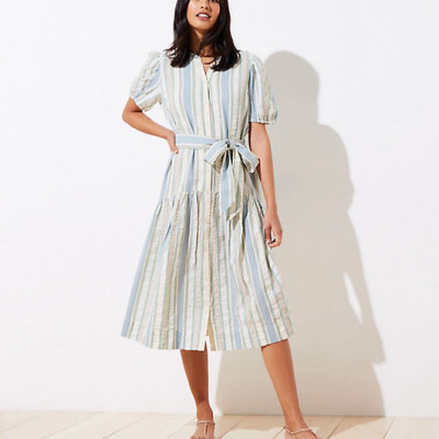 LOFT Beach Striped Puff Sleeve Midi Dress