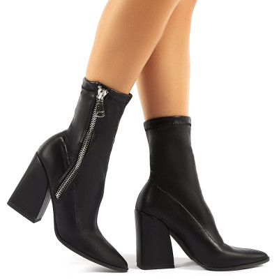 Jamie Black Pu Sock Fit Block Heeled Ankle Boots