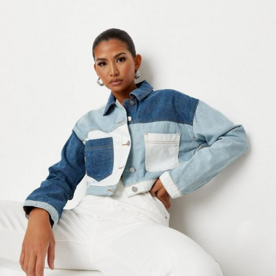 Blue Denim Contrast Patchwork Cropped Boxy Jacket