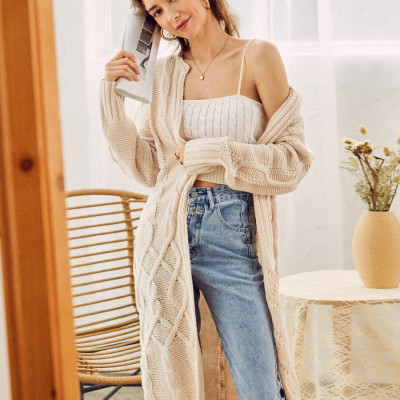Simplee Open Front Drop Shoulder Cable Knit Cardigan
