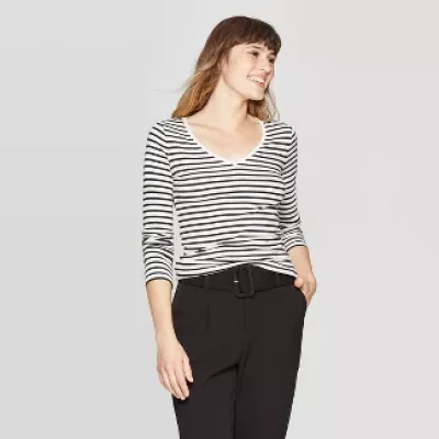 Women's Striped Regular Fit Long Sleeve V-Neck T-Shirt - A New DayÃ¢â€žÂ¢ Cream