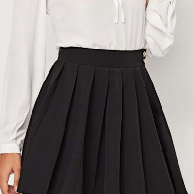 Button Detail Pleated Skater Skirt
