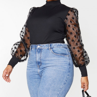 Plus Black Rib High Neck Sheer Polka Dot Puff Sleeve Long Top