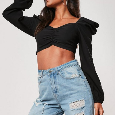 Black Sweetheart Neck Milkmaid Crop Top