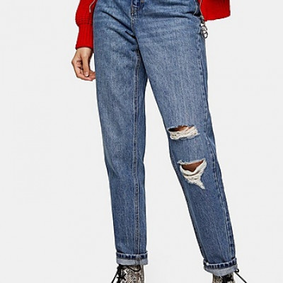 Mid Blue Ripped Mom Jeans - Mid Stone