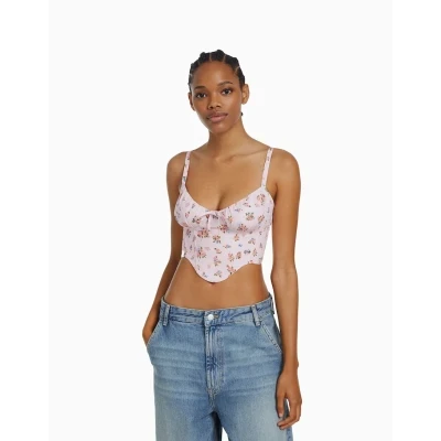 Poplin cropped corset top with straps