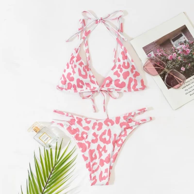 Leopard Rib Halter Bikini Swimsuit
