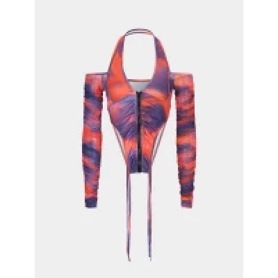 Hanging Neck Mesh Perspective Long Sleeve Top