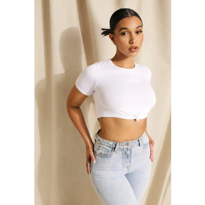 Womens Knot Front Cropped T Shirt - White - 2
