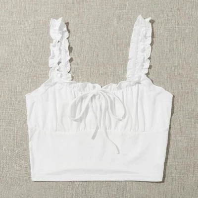 Frilled Strap Tie Front Ruched Bust Crop Top