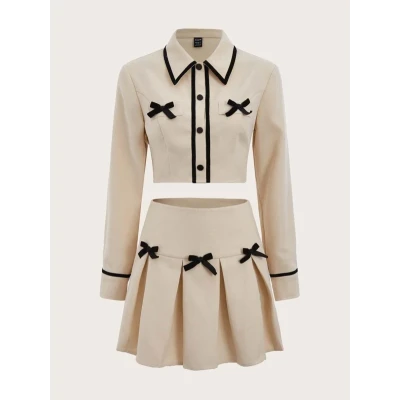 Bow Front Contrast Tape Crop Jacket & Pleated Skirt