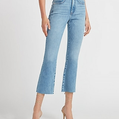 High Waisted Raw Hem Cropped Flare Jeans