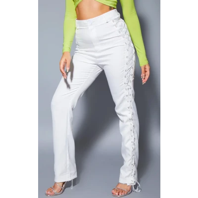 PETITE WHITE LACE UP STRAIGHT LEG PANTS