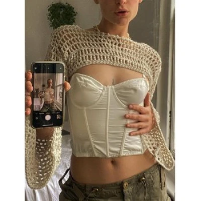 Long Sleeve Crochet Bolero Knit Top