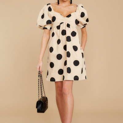 On The Spot Beige Polka Dot Dress