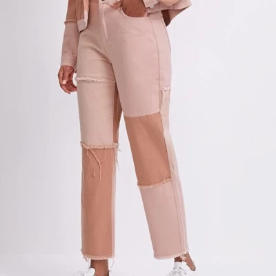 High Waist Spliced Raw Hem Jeans