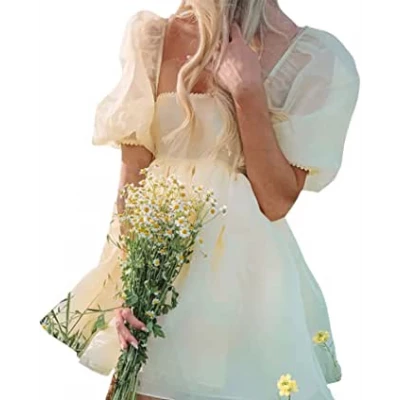 Amazon.com: NUFIWI Women Square Neck Puffy Sleeve Mini Dress Wedding Ruffle Mesh Short Dress Backless Party Prom Dress: Clothing, Shoes &amp; Jewelry