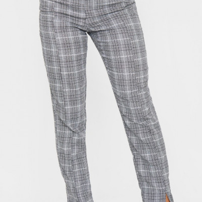 Grey Check Print Straight Leg Suit Pants