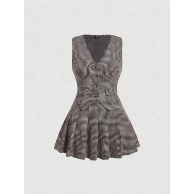 SHEIN MOD Houndstooth Print Button Front Vest Blazer & Pleated Skirt