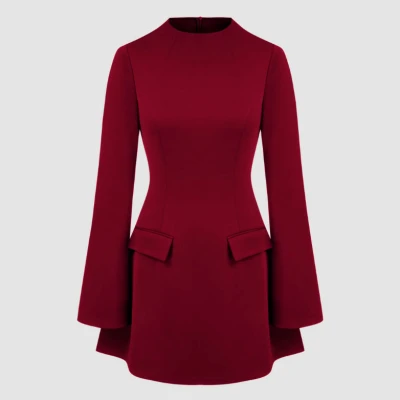 Knit Fabric High Neck Solid Long Sleeve Mini Dress For Work