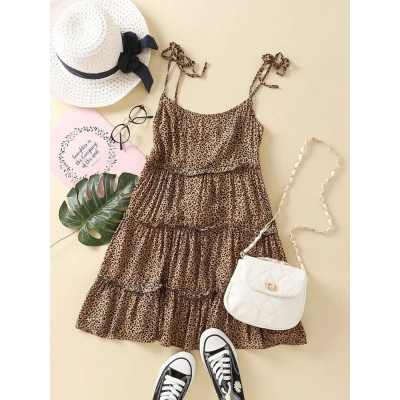 Tie Shoulder Frill Trim Leopard Cami Dress