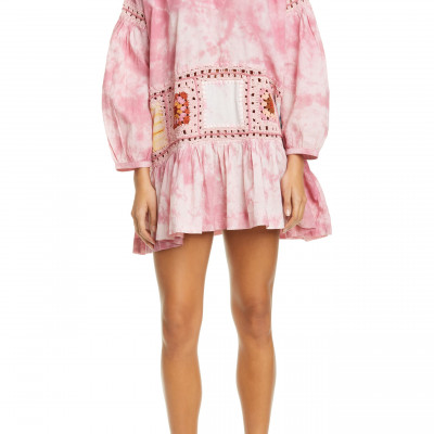 Womens Story Mfg. Olga Crochet & Tie Dye Long Sleeve Organic Cotton Minidress
