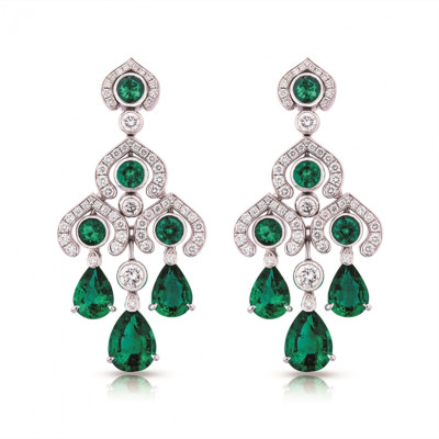 Imperial 18k White Gold Diamond & Emerald Chandelier Earrings