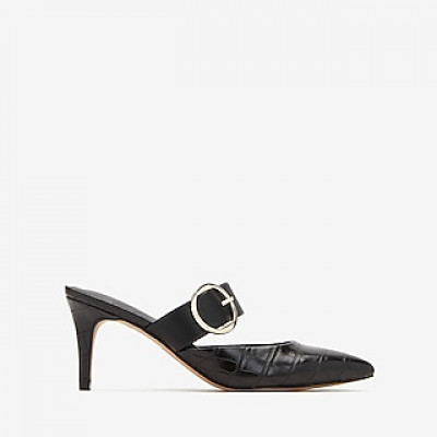 Crocodile Textured Buckle Pointed Toe Mules Black Womens
