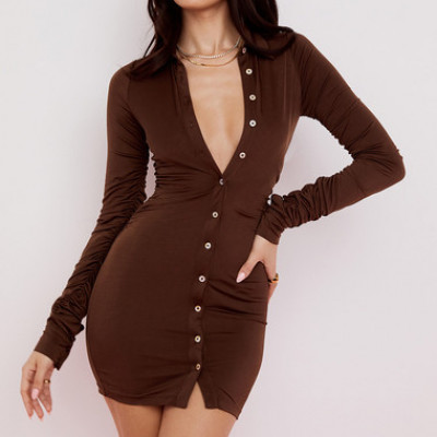 MARTINIQUE CHOCOLATE JERSEY MINI SHIRT DRESS