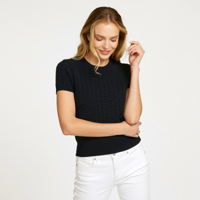 Cropped Seersucker Crew in Black