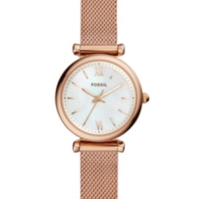 Fossil Womens Mini Carlie Rose Gold-Tone Stainless Steel Mesh Bracelet Watch 28mm