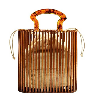 Hurber Women Summer Acrylic Crossbody Bucket Bag Woven Tote Square Shape Shoulder Bag Round Beach Purse Handbags, Brown