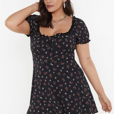 Black Floral Print Plus Mini Dress with Ruffled Edges