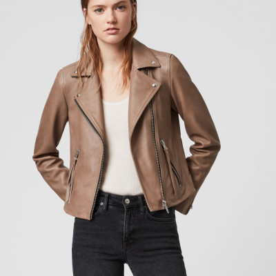 AllSaints Womens Slim Fit Dalby Leather Biker Jacket, Brown