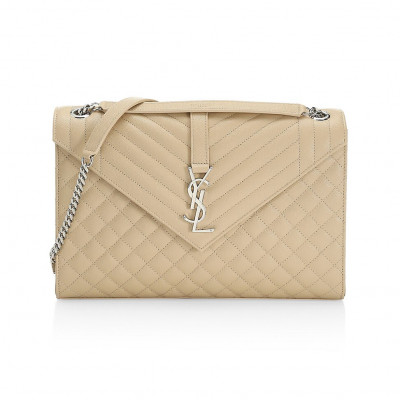 Saint Laurent Womens Large Envelope Monogram Matelass Leather Shoulder Bag - Cream