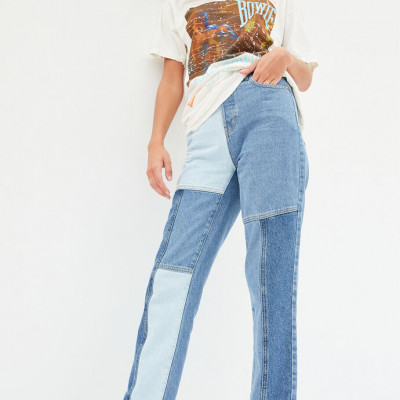 Two-Tone Blue High Waisted Straight Leg Jeans