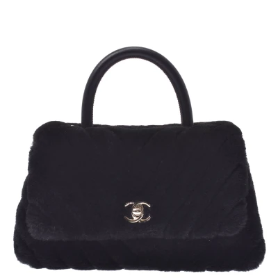 Chanel Black Leather Fur Shoulder Bag