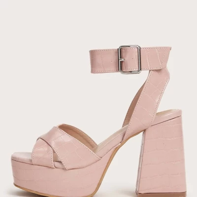 Croc Embossed Ankle Strap Chunky Heeled Sandals