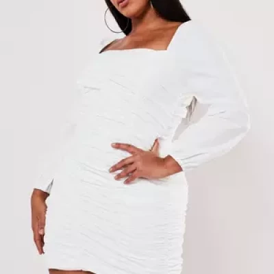 Plus Size White Ruched Square Neck Mini Dress