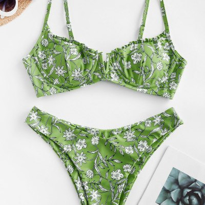 ZAFUL Floral V-wire Lettuce High Cut Bikiniwimsuit