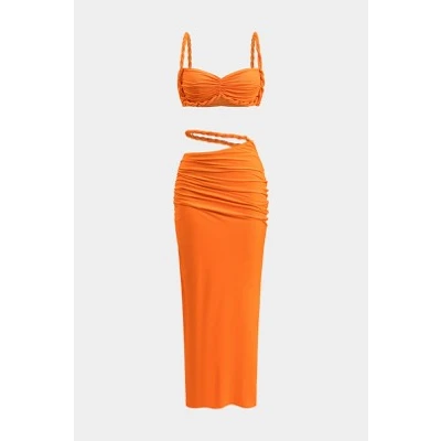 Ruched Backless Cami Top And Cut Out Skirt Set