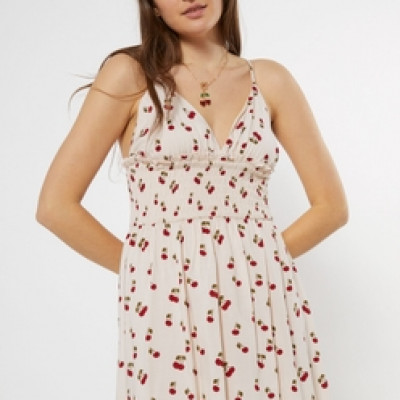 Ivory Cherry Print Smocked Babydoll Dress
