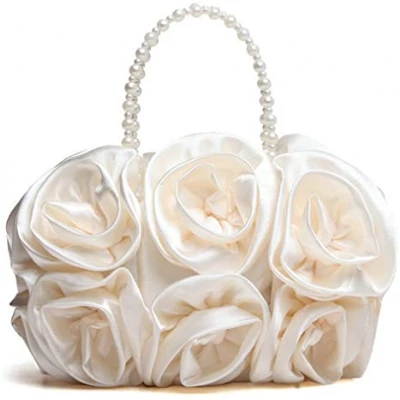 Satin Rose Pure Color Evening Bag Evening Clutches for Women Handbag Purse Wedding Handbags with Pearl Beaded Chain Handle Red